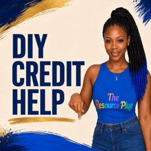 The Resource Plug avatar points downward beside the words “DIY Credit Help” on a cream background with blue and gold accents. Click to explore DIY credit dispute tools and guidance.