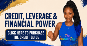 The Resource Plug avatar points to a button that says, “Click here to purchase the credit guide.” The featured e-book is Credit, Leverage & Financial Power by Shon Laquan.