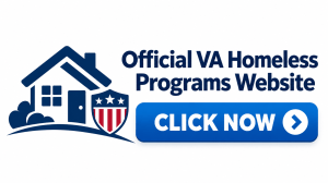 Graphic for the Official VA Homeless Programs Website featuring a house, patriotic shield icon, and a large blue “CLICK NOW” button.