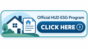 Graphic for the Official HUD ESG Program featuring a house, housing document icon, and a large blue “CLICK HERE” button.
