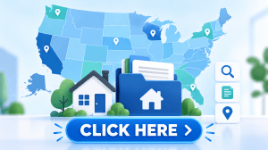 Illustration of a U.S. map with location pins, a house and housing resource folder, and a large blue “CLICK HERE” button.